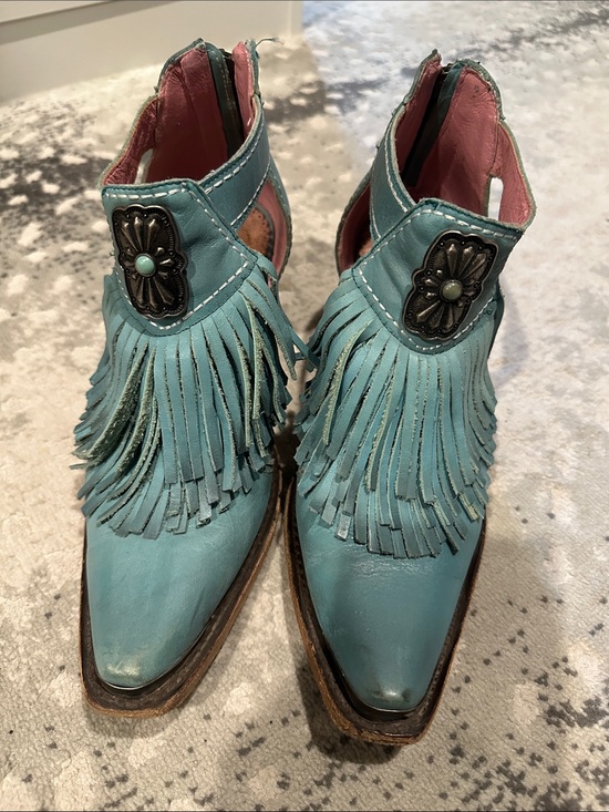 Lane boots Shoes - Fringed Turquoise Women's Ankle Booties with Concho Detail